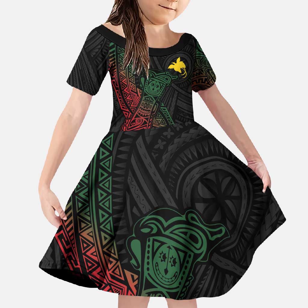 Personalized Papua New Guinea Family Matching Summer Maxi Dress and Hawaiian Shirt Kundu Drum Motifs - Sepik Colors LT7 Daughter's Dress Black - Polynesian Pride