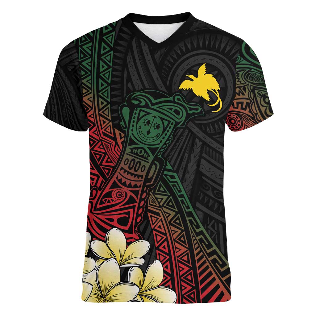 Personalized Papua New Guinea Women V-Neck T-Shirt Kundu Drum Motifs - Sepik Colors LT7 Female Black - Polynesian Pride