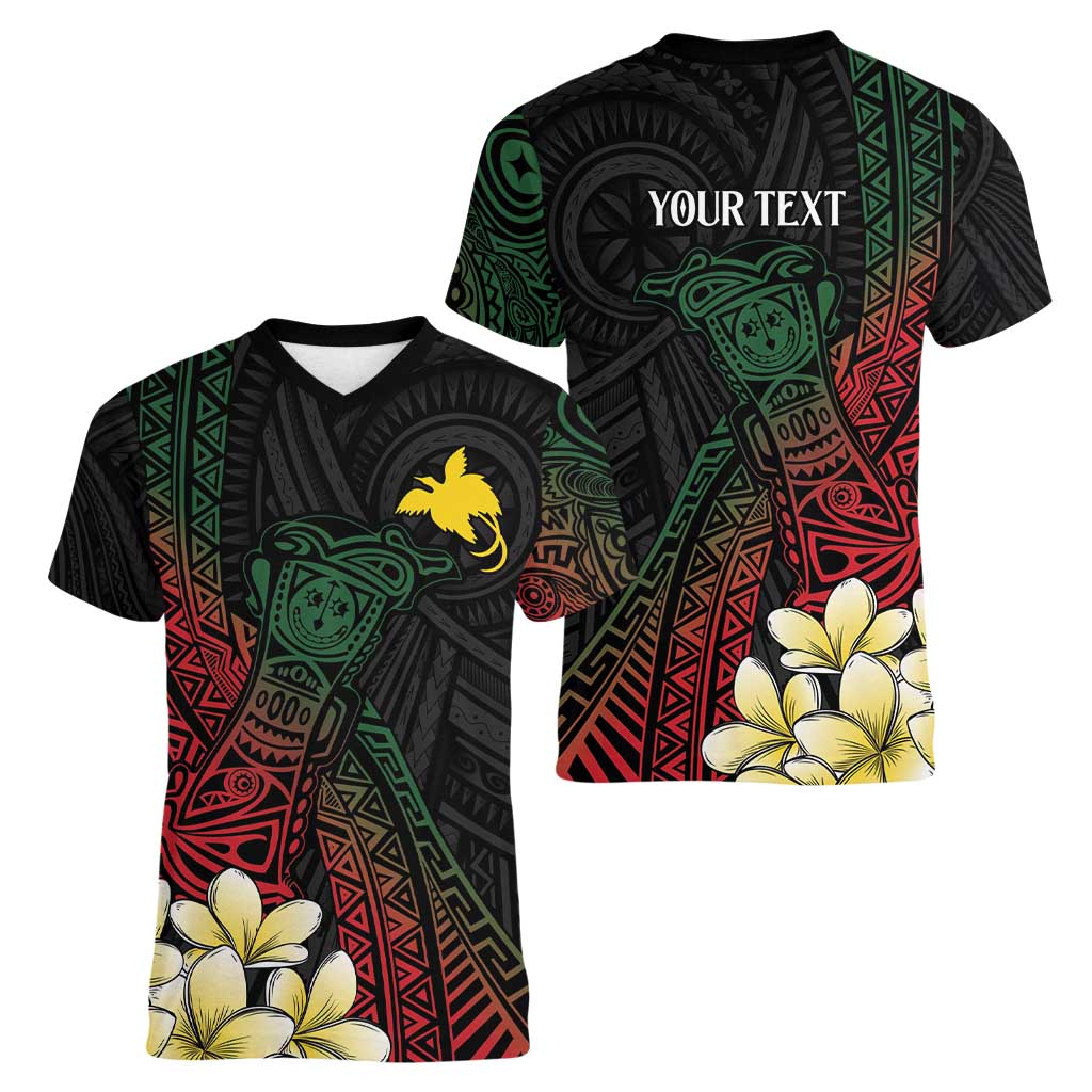 Personalized Papua New Guinea Women V-Neck T-Shirt Kundu Drum Motifs - Sepik Colors LT7 - Polynesian Pride