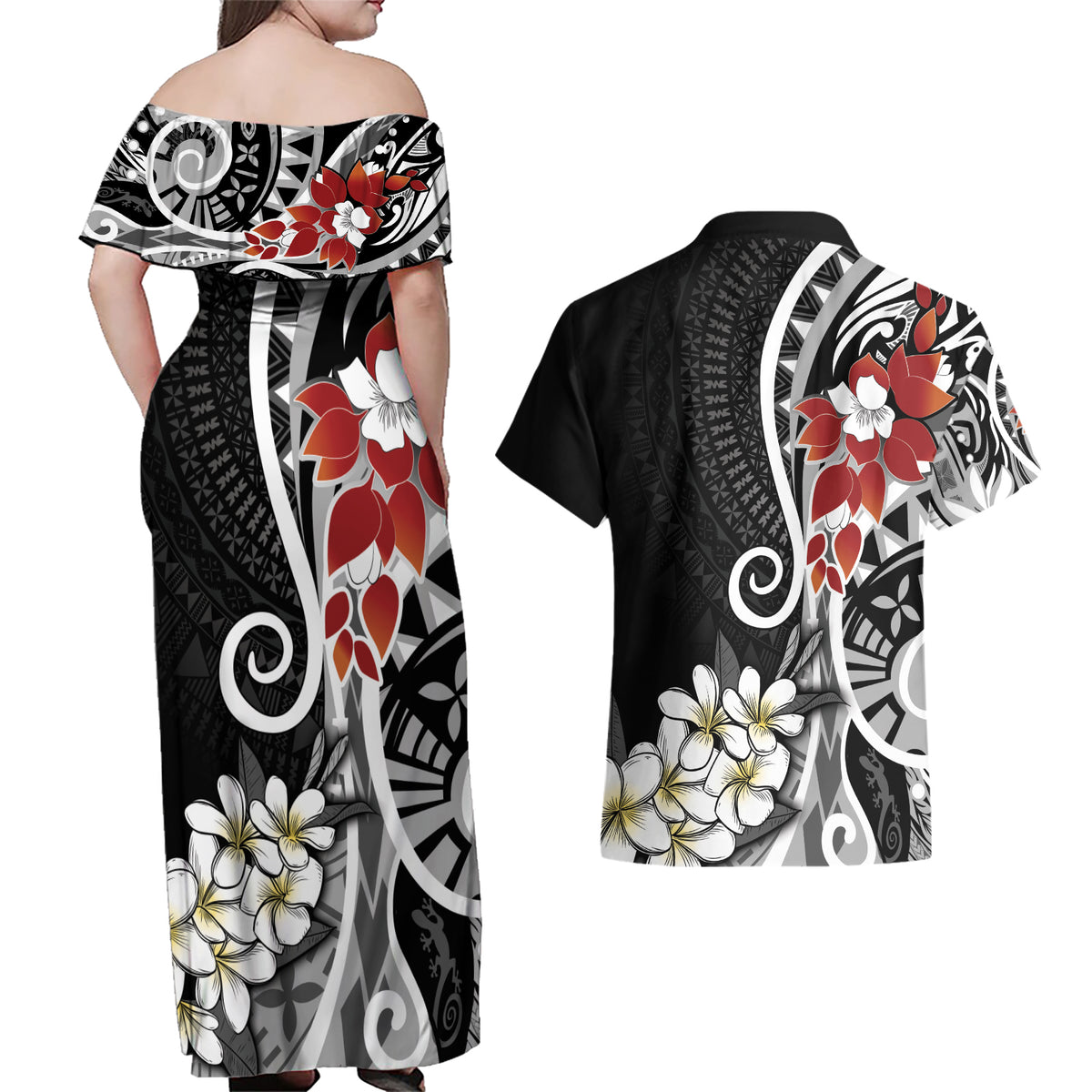 Bula Fiji Tagimaucia Mix Plumeria Masi Tapa Couples Matching Off Shoulder Maxi Dress and Hawaiian Shirt Black LT7 - Polynesian Pride