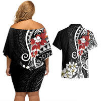 Bula Fiji Tagimaucia Mix Plumeria Masi Tapa Couples Matching Off Shoulder Short Dress and Hawaiian Shirt Black LT7 - Polynesian Pride
