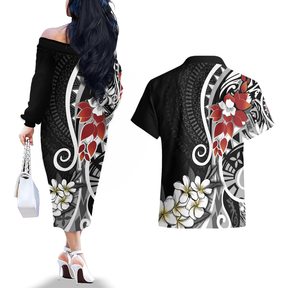 Bula Fiji Tagimaucia Mix Plumeria Masi Tapa Couples Matching Off The Shoulder Long Sleeve Dress and Hawaiian Shirt Black LT7 - Polynesian Pride