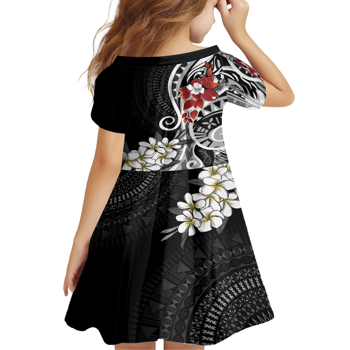 Bula Fiji Tagimaucia Mix Plumeria Masi Tapa Family Matching Long Sleeve Bodycon Dress and Hawaiian Shirt Black LT7 - Polynesian Pride