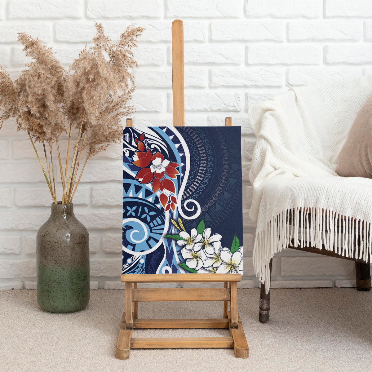 Bula Fiji Tagimaucia Mix Plumeria Masi Tapa Canvas Wall Art Blue