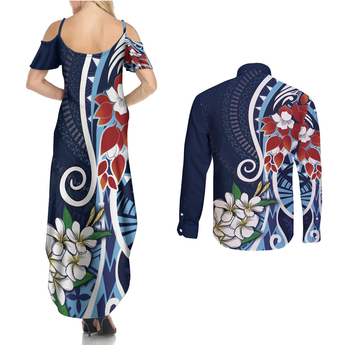 Bula Fiji Tagimaucia Mix Plumeria Masi Tapa Couples Matching Summer Maxi Dress and Long Sleeve Button Shirt Blue LT7 - Polynesian Pride