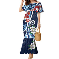 Bula Fiji Tagimaucia Mix Plumeria Masi Tapa Family Matching Mermaid Dress and Hawaiian Shirt Blue LT7 Mom's Dress Blue - Polynesian Pride