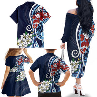 Bula Fiji Tagimaucia Mix Plumeria Masi Tapa Family Matching Off Shoulder Long Sleeve Dress and Hawaiian Shirt Blue LT7 - Polynesian Pride