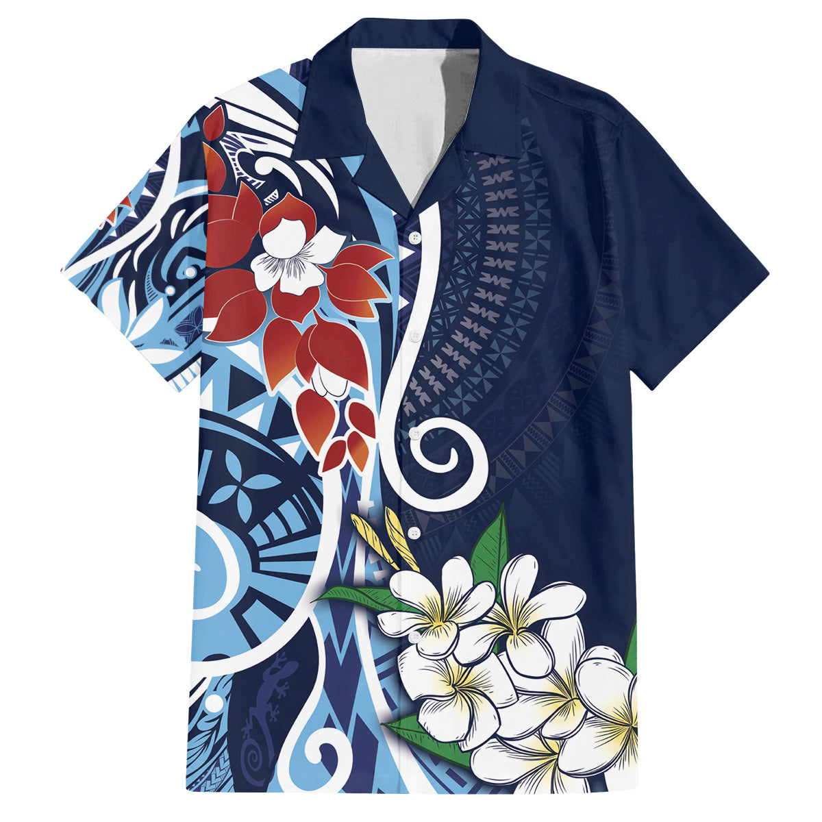 Bula Fiji Tagimaucia Mix Plumeria Masi Tapa Family Matching Off Shoulder Short Dress and Hawaiian Shirt Blue LT7 Dad's Shirt - Short Sleeve Blue - Polynesian Pride