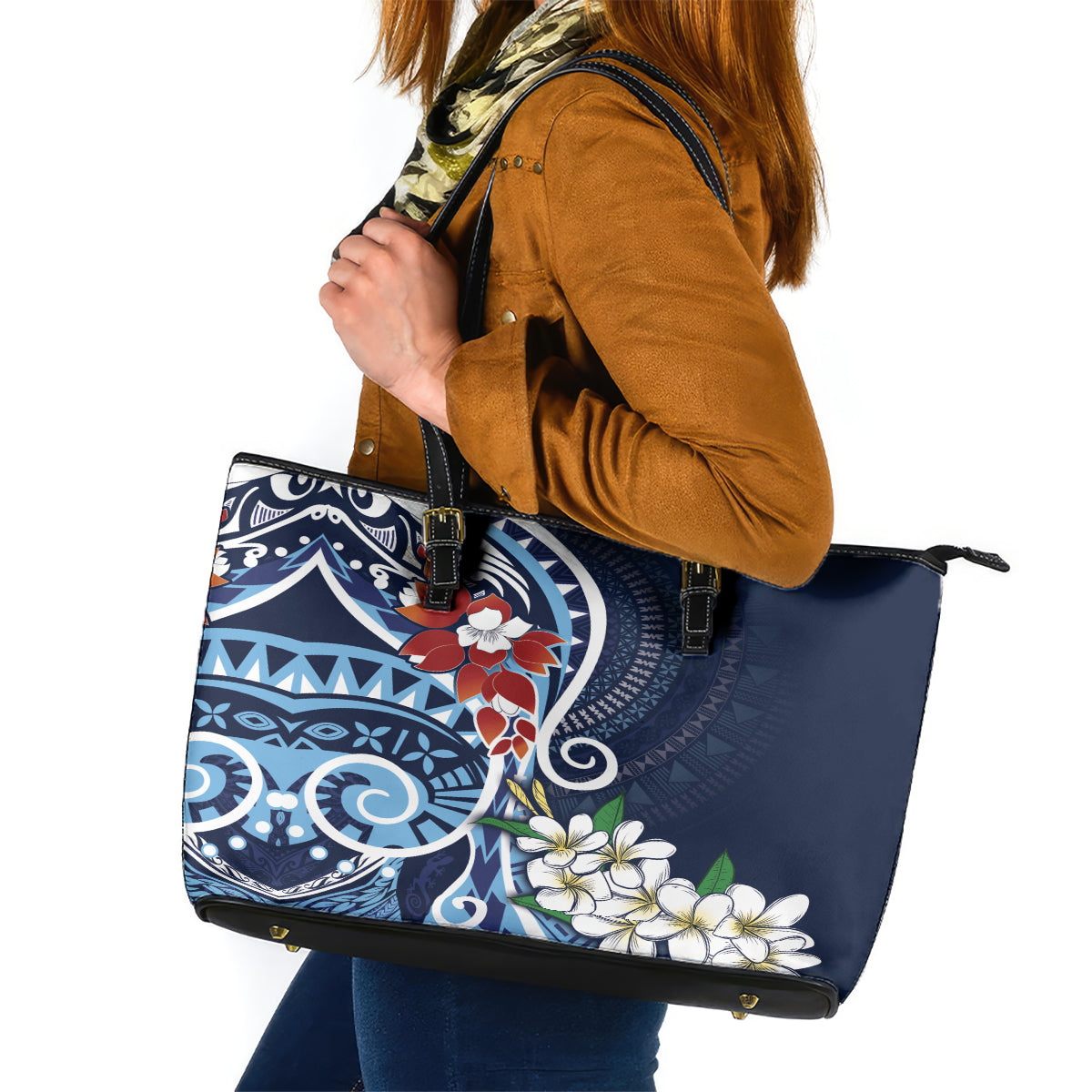 Bula Fiji Tagimaucia Mix Plumeria Masi Tapa Leather Tote Bag Blue LT7 Blue - Polynesian Pride