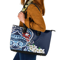 Bula Fiji Tagimaucia Mix Plumeria Masi Tapa Leather Tote Bag Blue LT7 Blue - Polynesian Pride