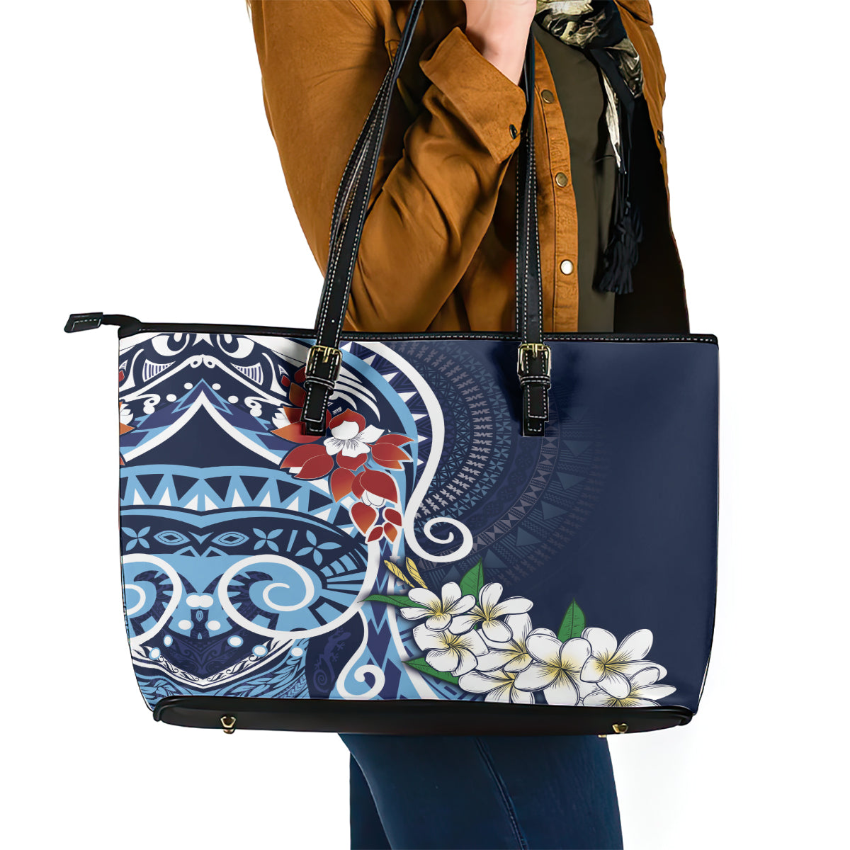 Bula Fiji Tagimaucia Mix Plumeria Masi Tapa Leather Tote Bag Blue LT7 - Polynesian Pride