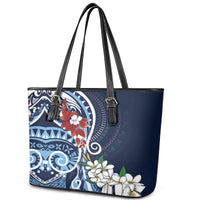 Bula Fiji Tagimaucia Mix Plumeria Masi Tapa Leather Tote Bag Blue LT7 - Polynesian Pride