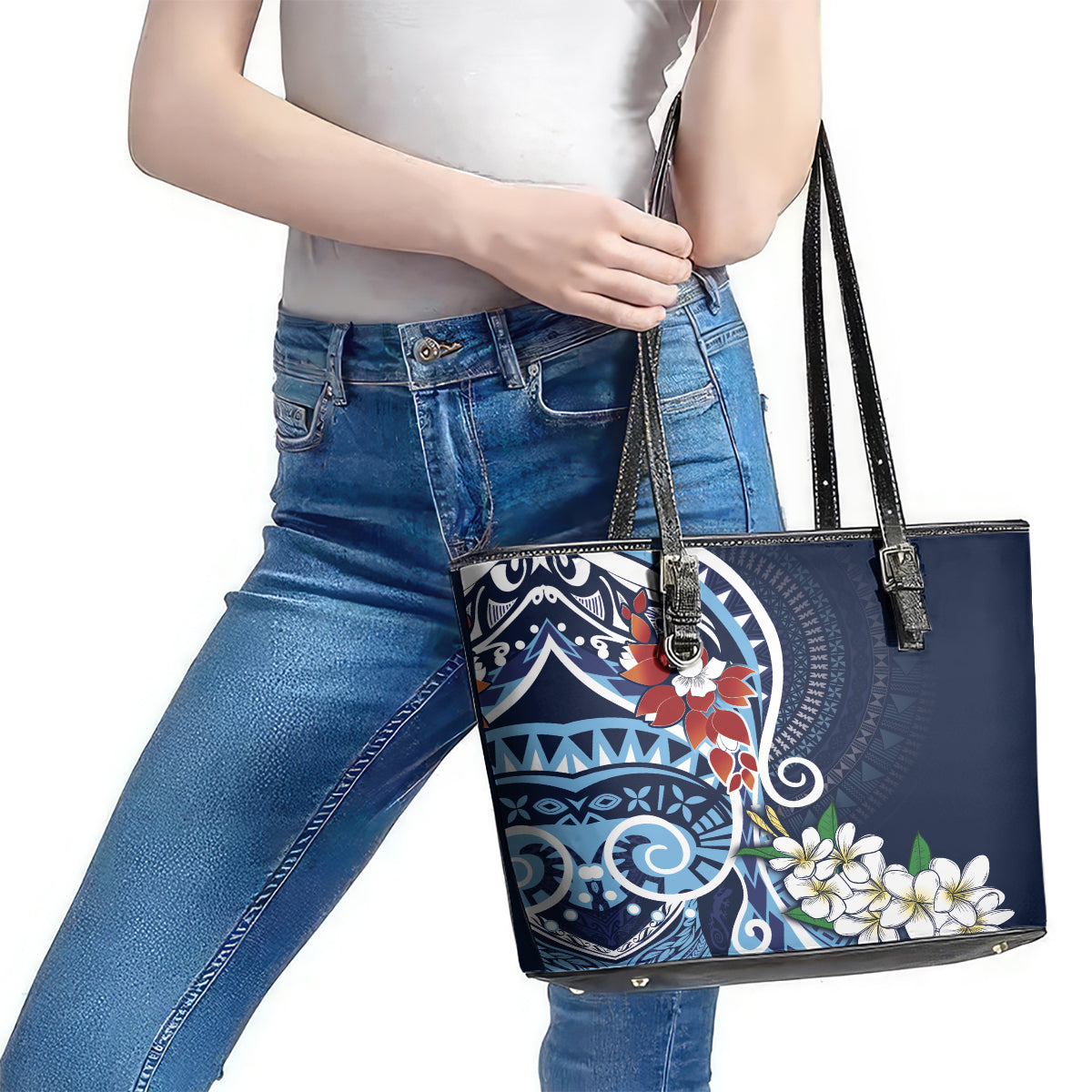 Bula Fiji Tagimaucia Mix Plumeria Masi Tapa Leather Tote Bag Blue LT7 - Polynesian Pride