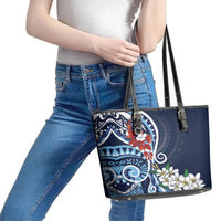 Bula Fiji Tagimaucia Mix Plumeria Masi Tapa Leather Tote Bag Blue LT7 - Polynesian Pride