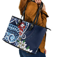 Bula Fiji Tagimaucia Mix Plumeria Masi Tapa Leather Tote Bag Blue LT7 - Polynesian Pride