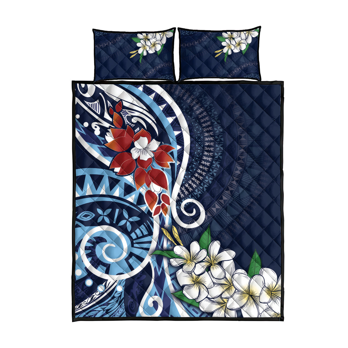 Bula Fiji Tagimaucia Mix Plumeria Masi Tapa Quilt Bed Set Blue