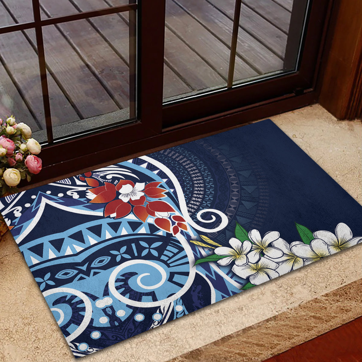 Bula Fiji Tagimaucia Mix Plumeria Masi Tapa Rubber Doormat Blue