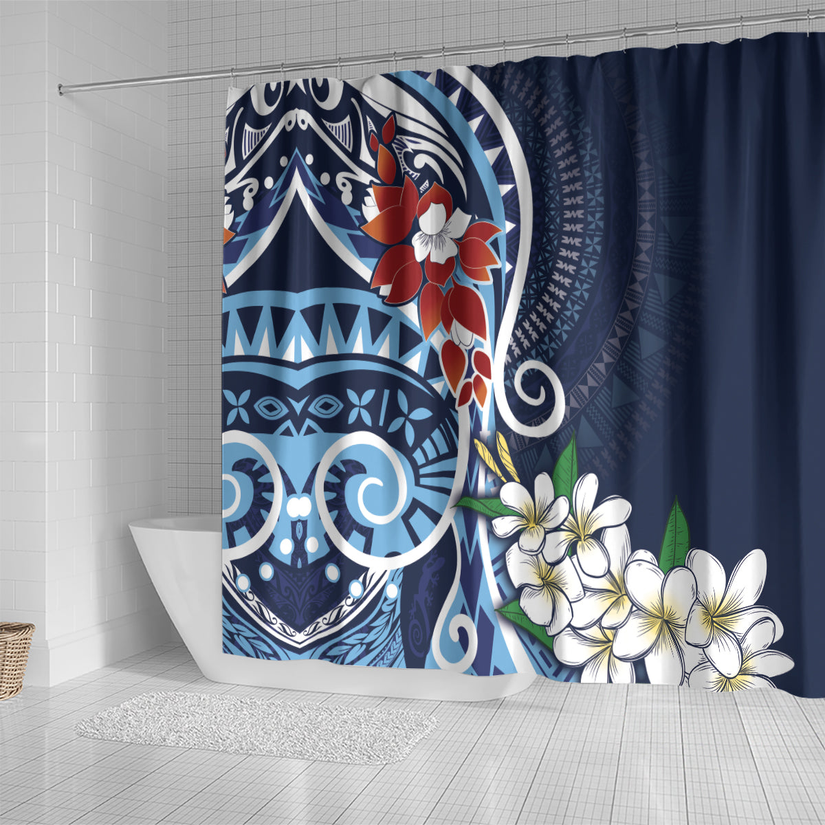 Bula Fiji Tagimaucia Mix Plumeria Masi Tapa Shower Curtain Blue