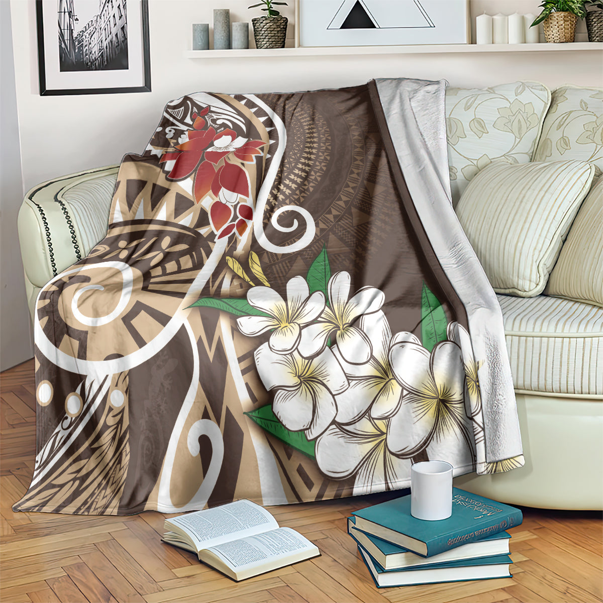 Bula Fiji Tagimaucia Mix Plumeria Masi Tapa Blanket Brown LT7 Brown - Polynesian Pride