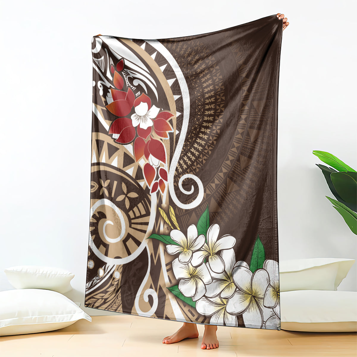 Bula Fiji Tagimaucia Mix Plumeria Masi Tapa Blanket Brown LT7 - Polynesian Pride
