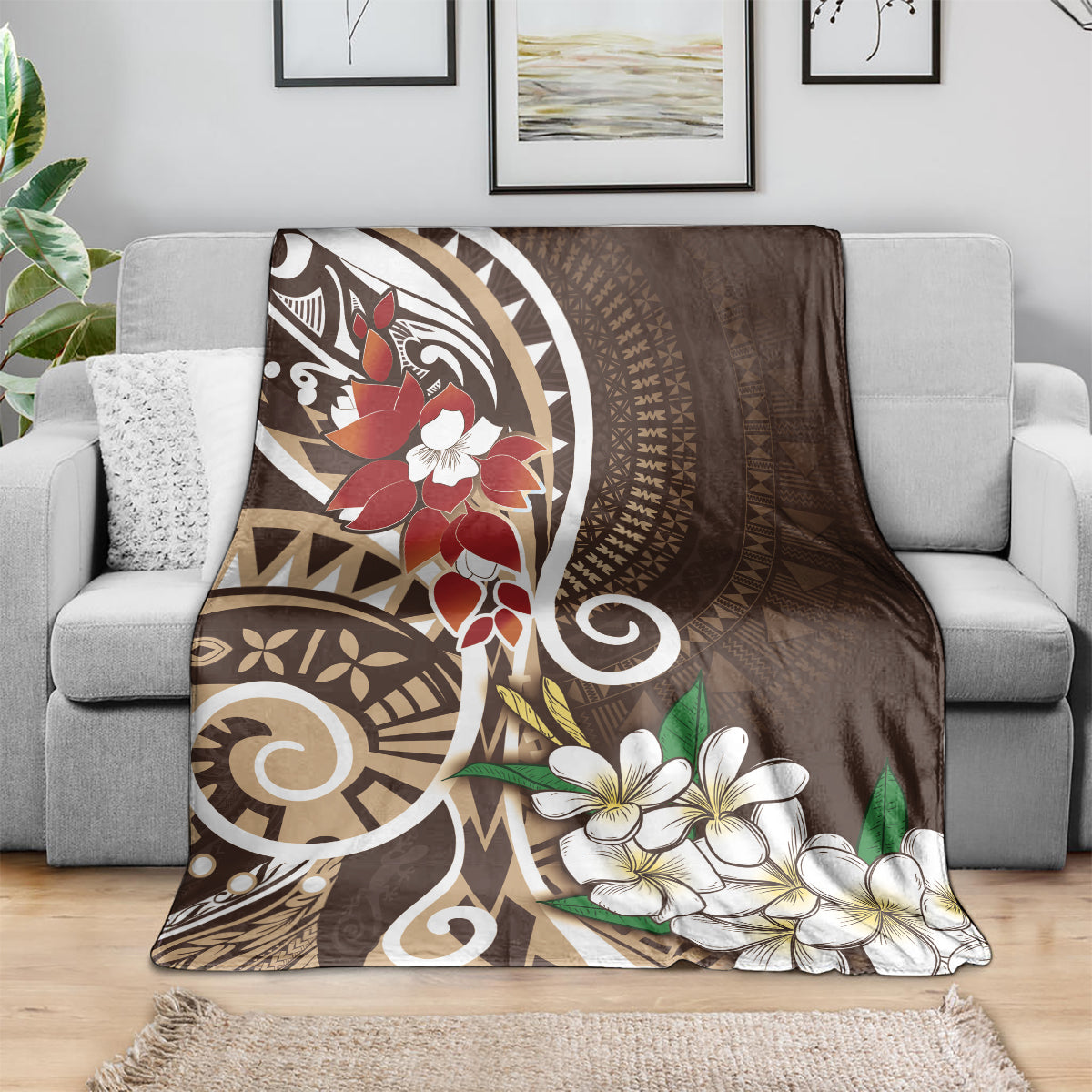 Bula Fiji Tagimaucia Mix Plumeria Masi Tapa Blanket Brown LT7 - Polynesian Pride