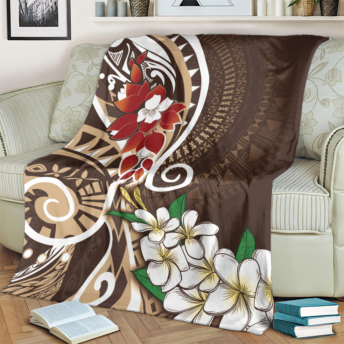Bula Fiji Tagimaucia Mix Plumeria Masi Tapa Blanket Brown LT7 - Polynesian Pride