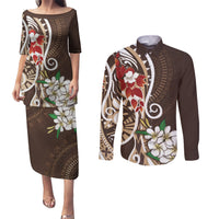 Bula Fiji Tagimaucia Mix Plumeria Masi Tapa Couples Matching Puletasi and Long Sleeve Button Shirt Brown LT7 Brown - Polynesian Pride