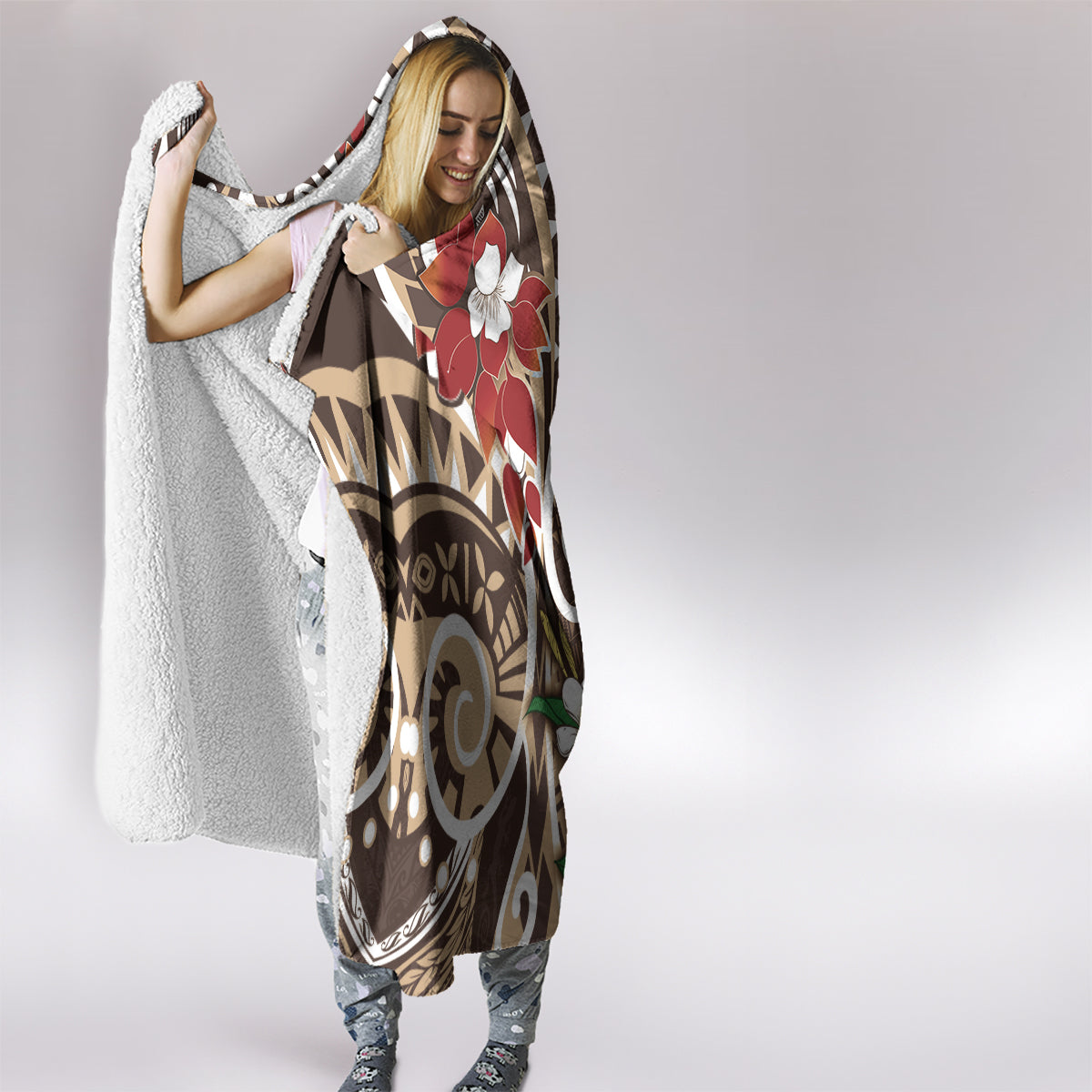 Bula Fiji Tagimaucia Mix Plumeria Masi Tapa Hooded Blanket Brown