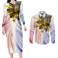 Philippines Independence Day Couples Matching Long Sleeve Bodycon Dress and Long Sleeve Button Shirt Eagle Mix Filipino Flag Tribal Style LT7 White - Polynesian Pride