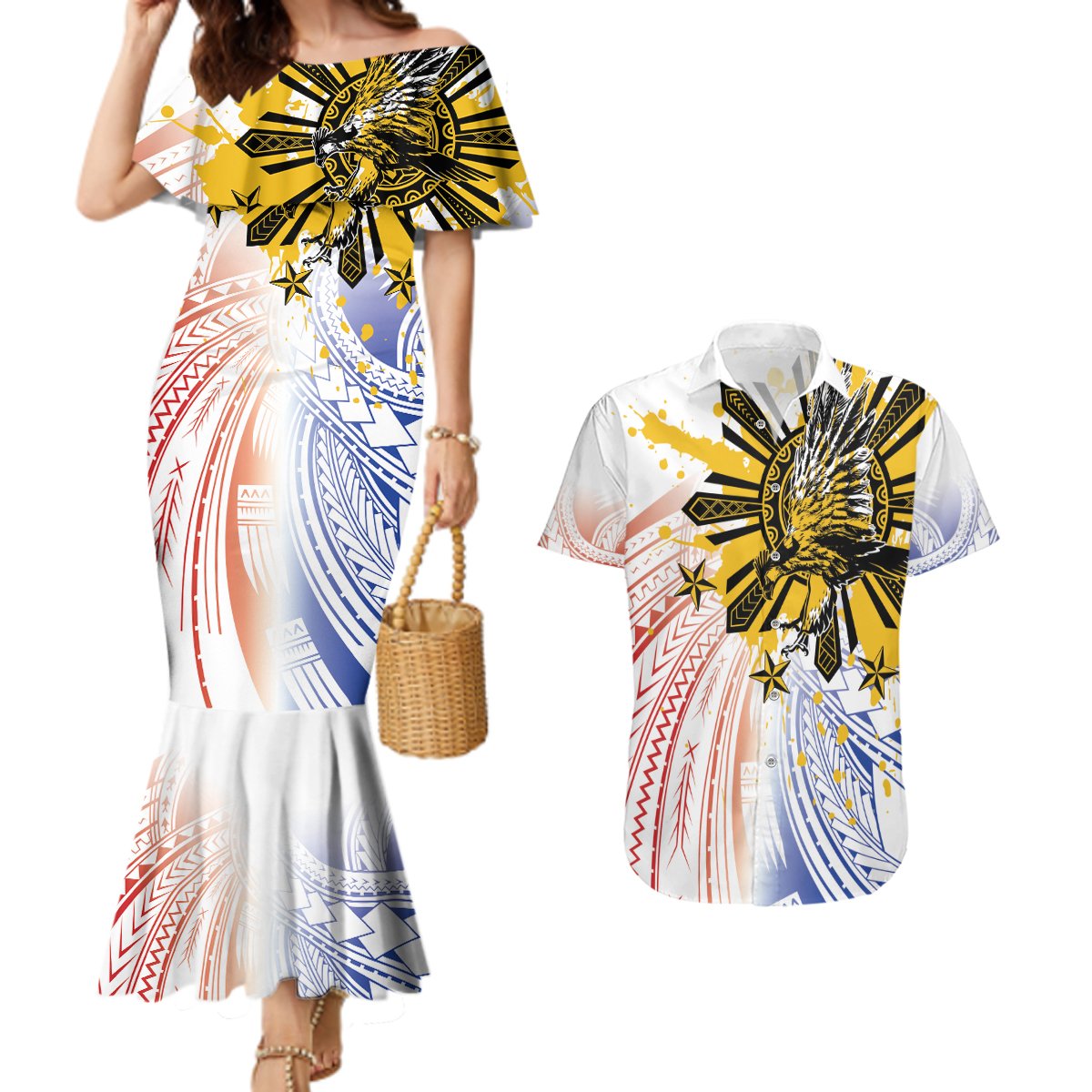 Philippines Independence Day Couples Matching Mermaid Dress and Hawaiian Shirt Eagle Mix Filipino Flag Tribal Style LT7 White - Polynesian Pride
