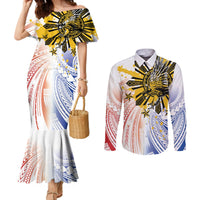 Philippines Independence Day Couples Matching Mermaid Dress and Long Sleeve Button Shirt Eagle Mix Filipino Flag Tribal Style LT7 White - Polynesian Pride
