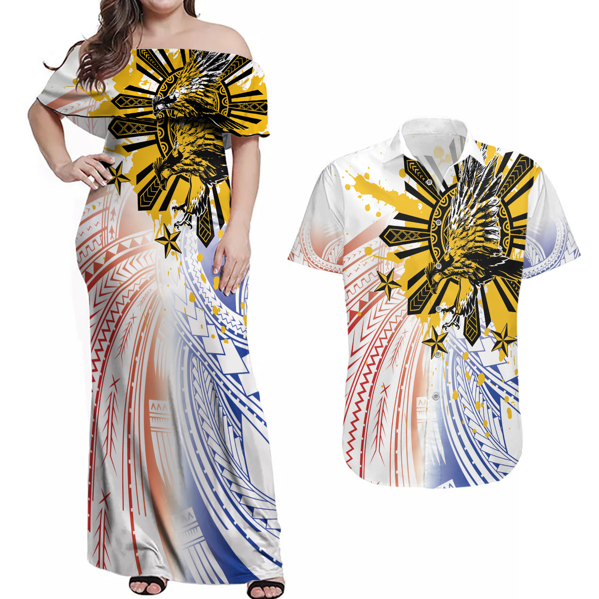 Philippines Independence Day Couples Matching Off Shoulder Maxi Dress and Hawaiian Shirt Eagle Mix Filipino Flag Tribal Style LT7 White - Polynesian Pride