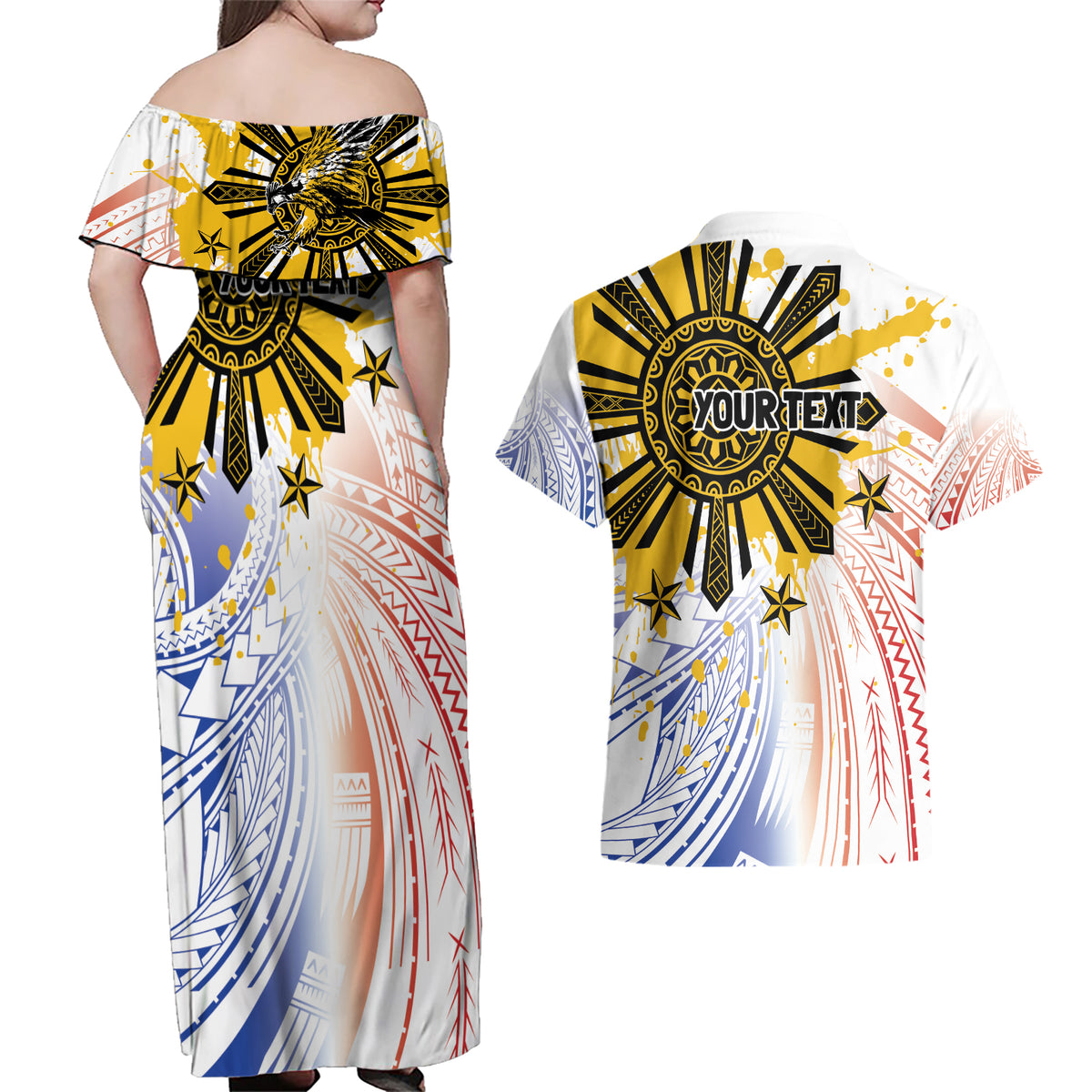 Philippines Independence Day Couples Matching Off Shoulder Maxi Dress and Hawaiian Shirt Eagle Mix Filipino Flag Tribal Style LT7 - Polynesian Pride
