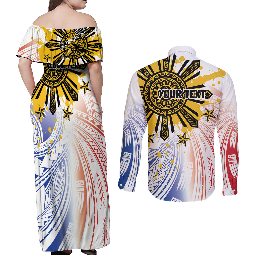 Philippines Independence Day Couples Matching Off Shoulder Maxi Dress and Long Sleeve Button Shirt Eagle Mix Filipino Flag Tribal Style LT7 - Polynesian Pride