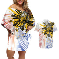 Philippines Independence Day Couples Matching Off Shoulder Short Dress and Hawaiian Shirt Eagle Mix Filipino Flag Tribal Style LT7 White - Polynesian Pride