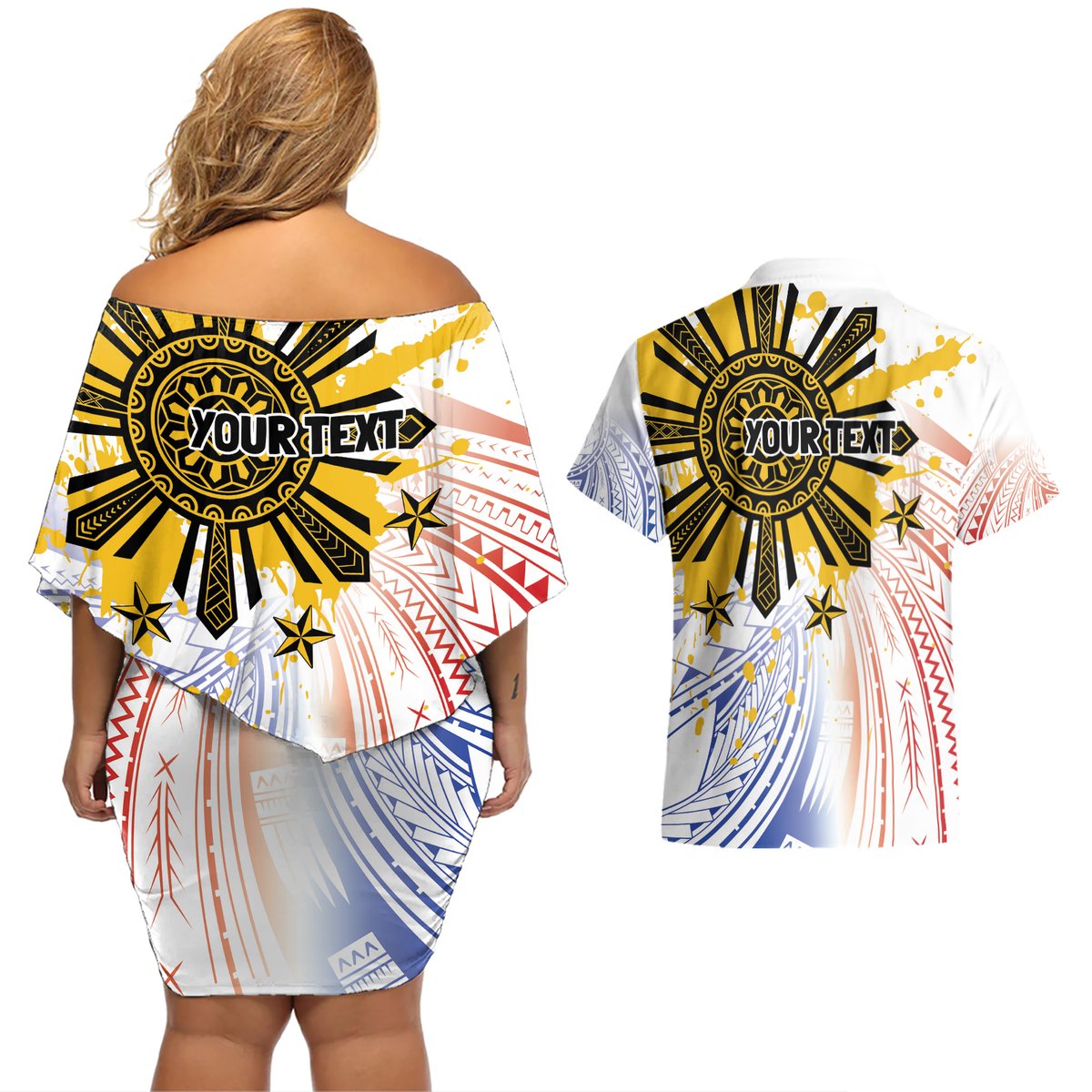 Philippines Independence Day Couples Matching Off Shoulder Short Dress and Hawaiian Shirt Eagle Mix Filipino Flag Tribal Style LT7 - Polynesian Pride