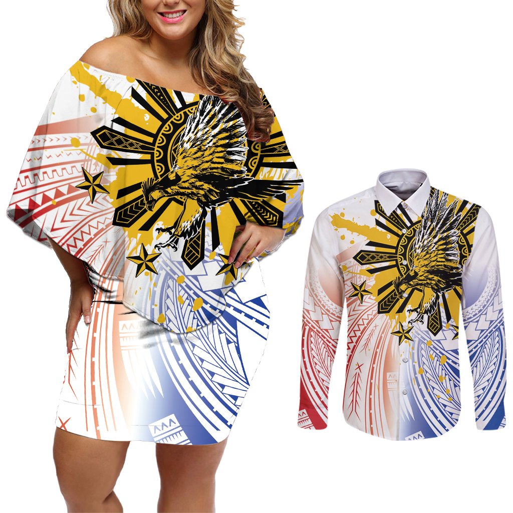 Philippines Independence Day Couples Matching Off Shoulder Short Dress and Long Sleeve Button Shirt Eagle Mix Filipino Flag Tribal Style LT7 White - Polynesian Pride