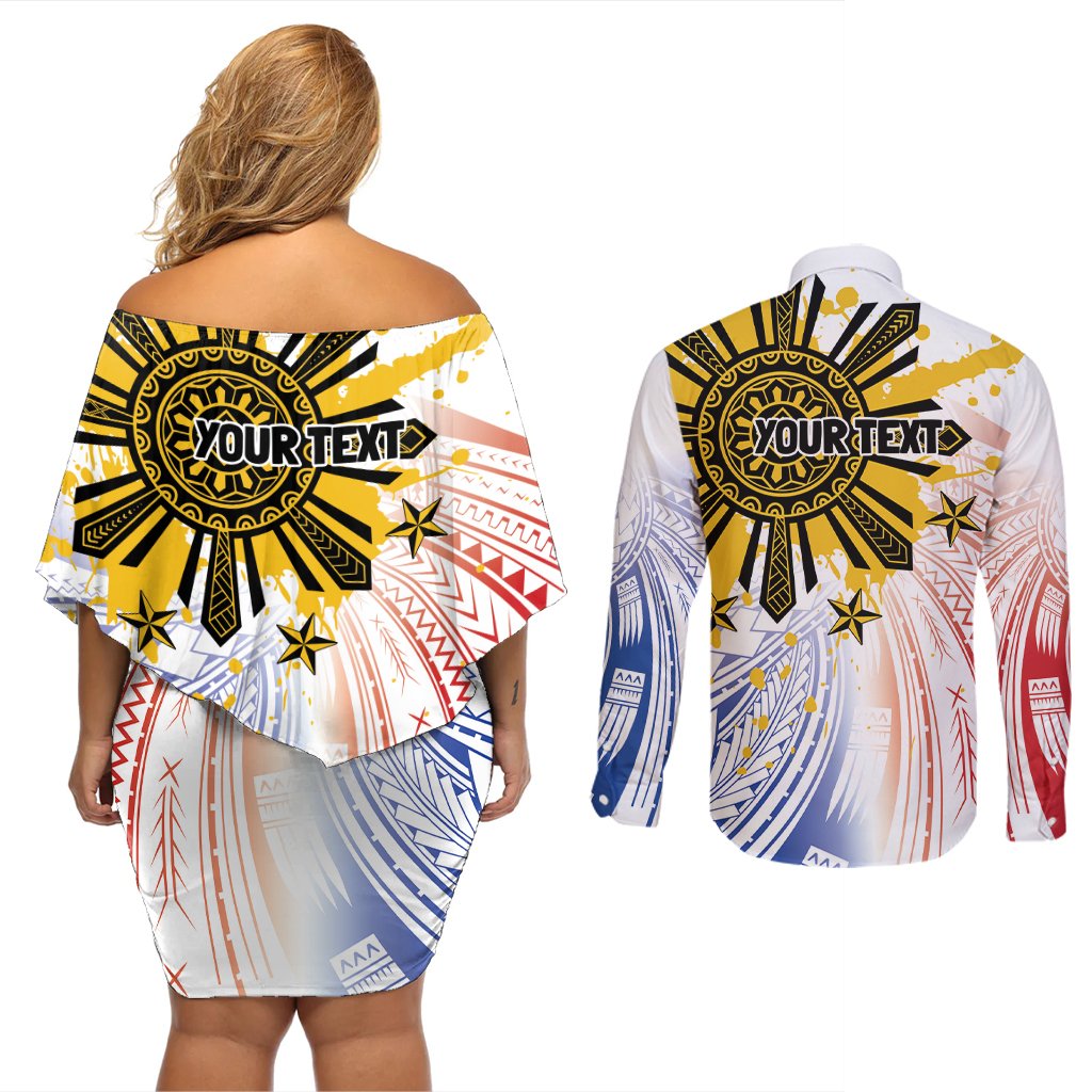 Philippines Independence Day Couples Matching Off Shoulder Short Dress and Long Sleeve Button Shirt Eagle Mix Filipino Flag Tribal Style LT7 - Polynesian Pride