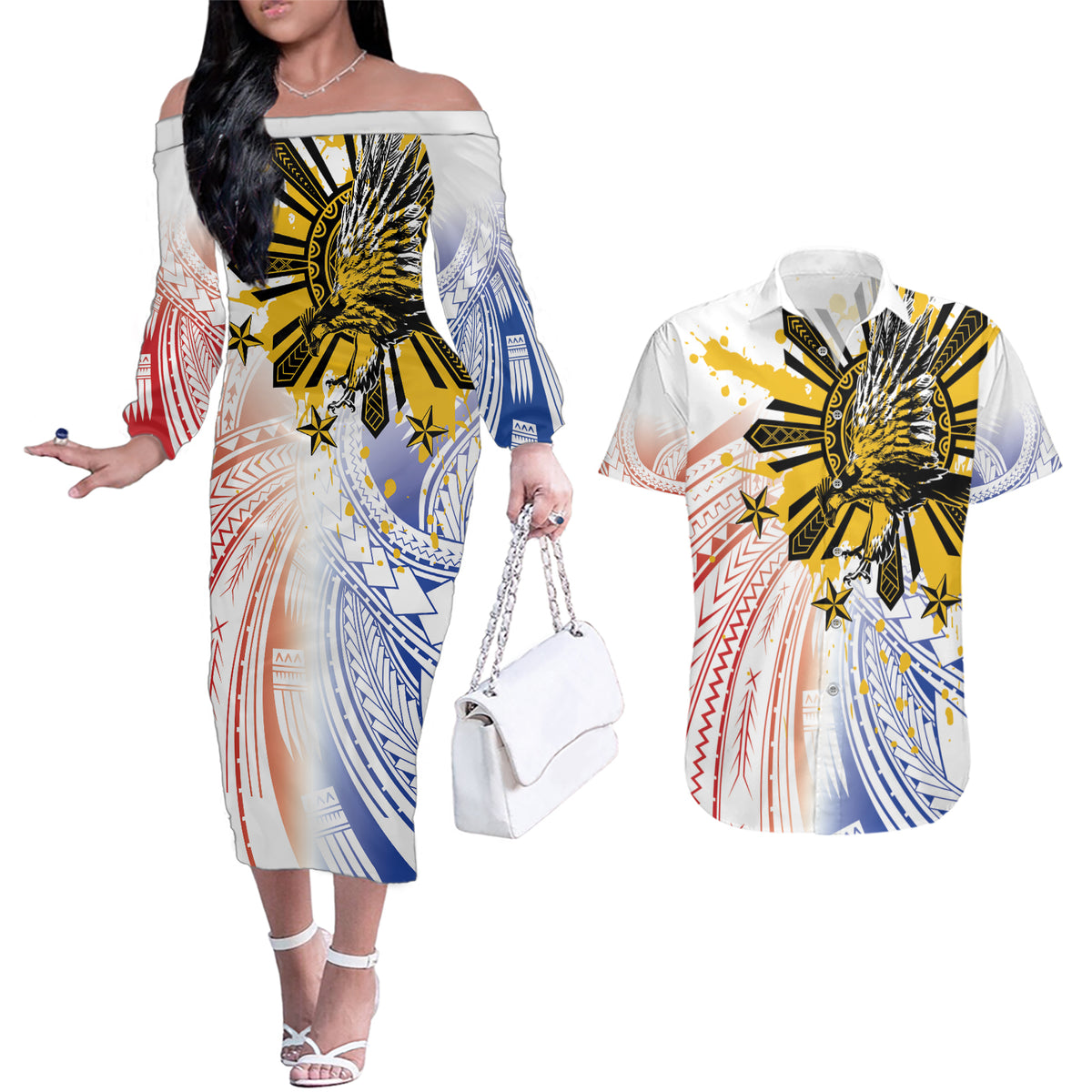 Philippines Independence Day Couples Matching Off The Shoulder Long Sleeve Dress and Hawaiian Shirt Eagle Mix Filipino Flag Tribal Style LT7 White - Polynesian Pride