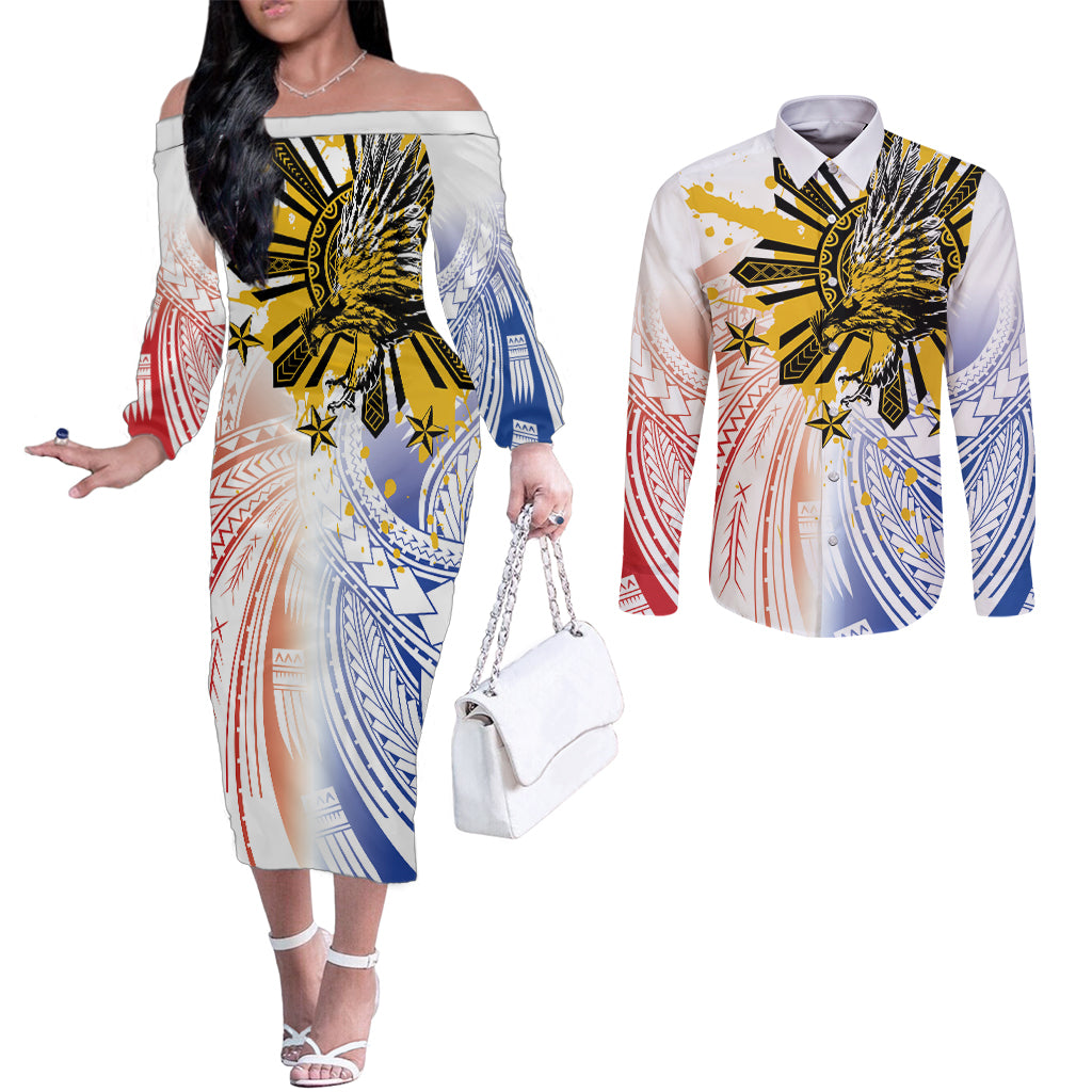 Philippines Independence Day Couples Matching Off The Shoulder Long Sleeve Dress and Long Sleeve Button Shirt Eagle Mix Filipino Flag Tribal Style LT7 White - Polynesian Pride