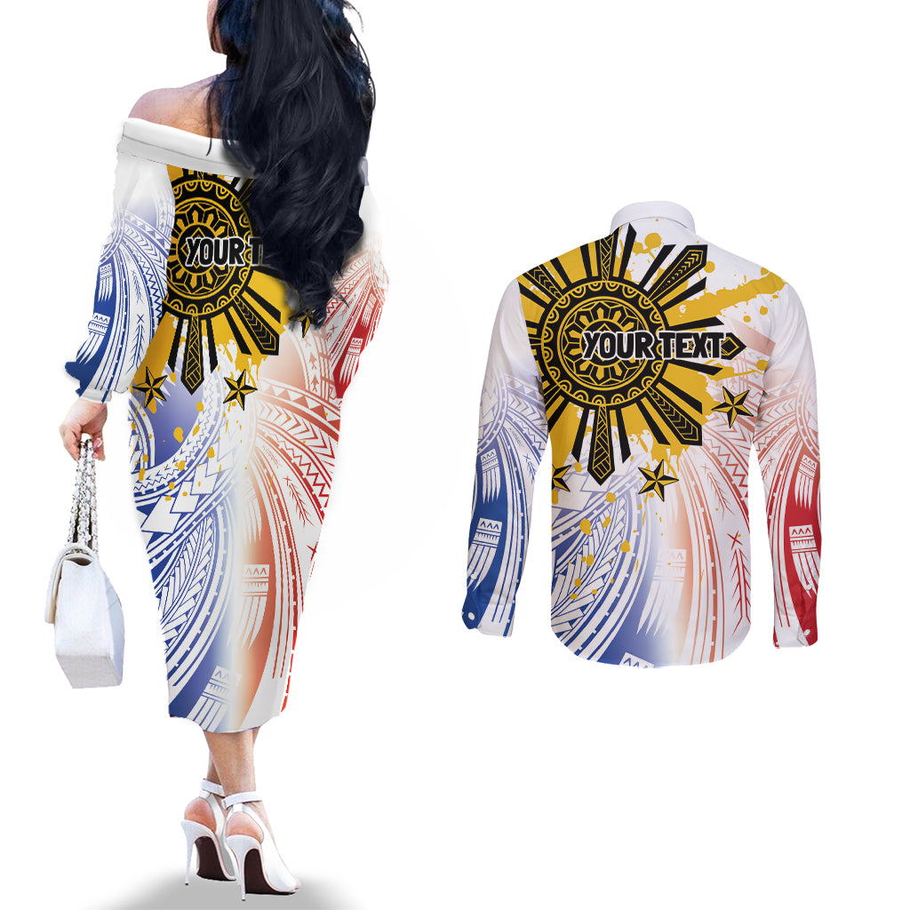 Philippines Independence Day Couples Matching Off The Shoulder Long Sleeve Dress and Long Sleeve Button Shirt Eagle Mix Filipino Flag Tribal Style LT7 - Polynesian Pride