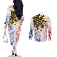 Philippines Independence Day Couples Matching Off The Shoulder Long Sleeve Dress and Long Sleeve Button Shirt Eagle Mix Filipino Flag Tribal Style LT7 - Polynesian Pride