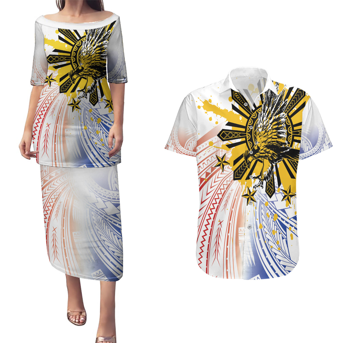 Philippines Independence Day Couples Matching Puletasi and Hawaiian Shirt Eagle Mix Filipino Flag Tribal Style LT7 White - Polynesian Pride
