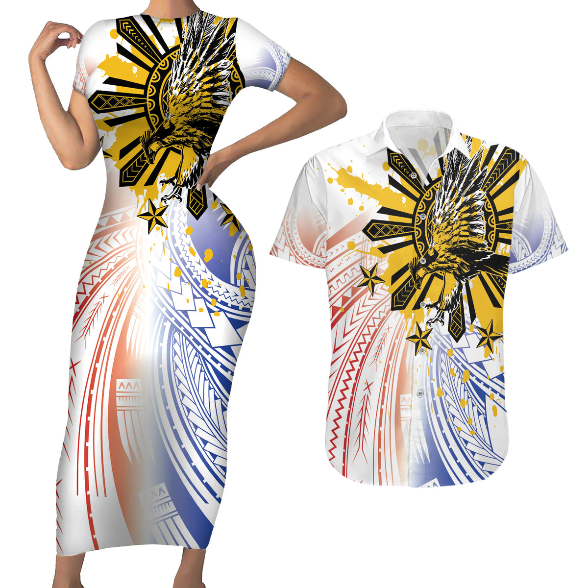 Philippines Independence Day Couples Matching Short Sleeve Bodycon Dress and Hawaiian Shirt Eagle Mix Filipino Flag Tribal Style LT7 White - Polynesian Pride