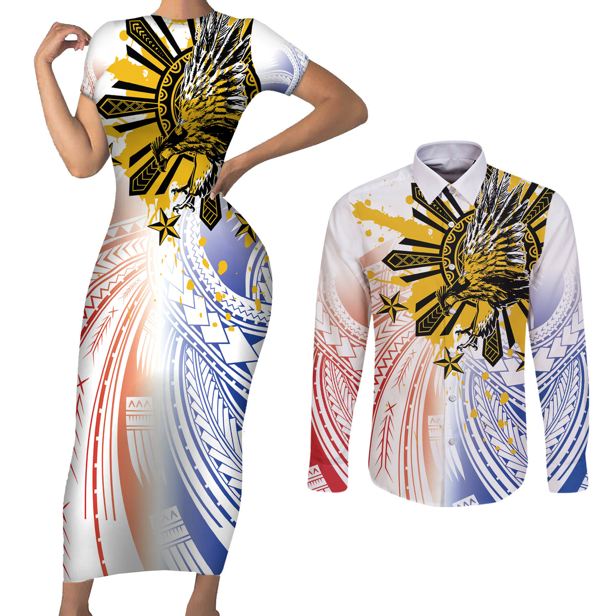 Philippines Independence Day Couples Matching Short Sleeve Bodycon Dress and Long Sleeve Button Shirt Eagle Mix Filipino Flag Tribal Style LT7 White - Polynesian Pride