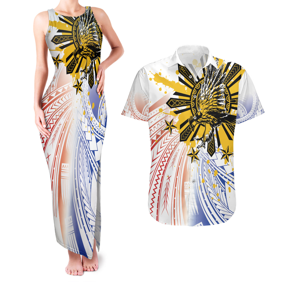 Philippines Independence Day Couples Matching Tank Maxi Dress and Hawaiian Shirt Eagle Mix Filipino Flag Tribal Style LT7 White - Polynesian Pride