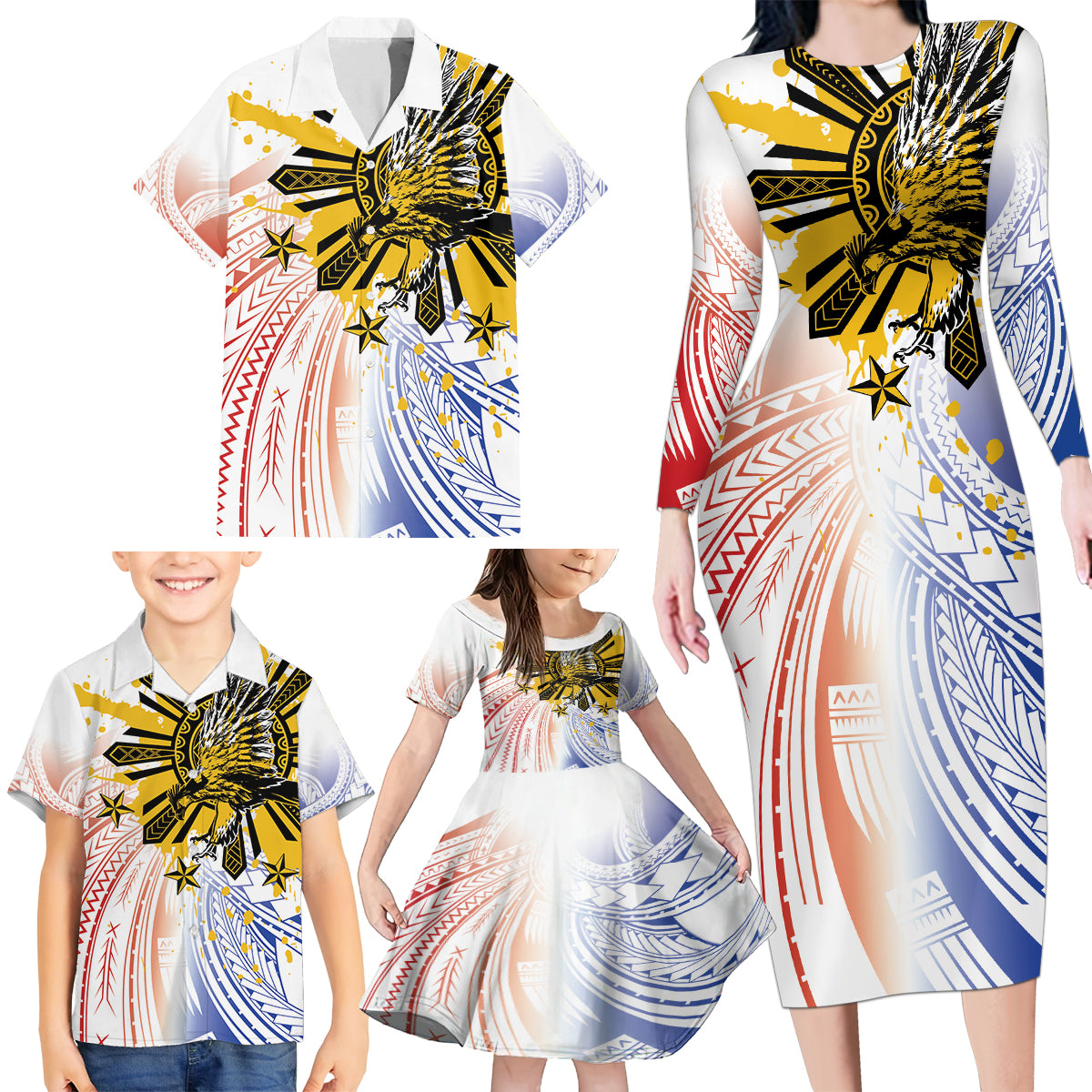 Philippines Independence Day Family Matching Long Sleeve Bodycon Dress and Hawaiian Shirt Eagle Mix Filipino Flag Tribal Style LT7 - Polynesian Pride