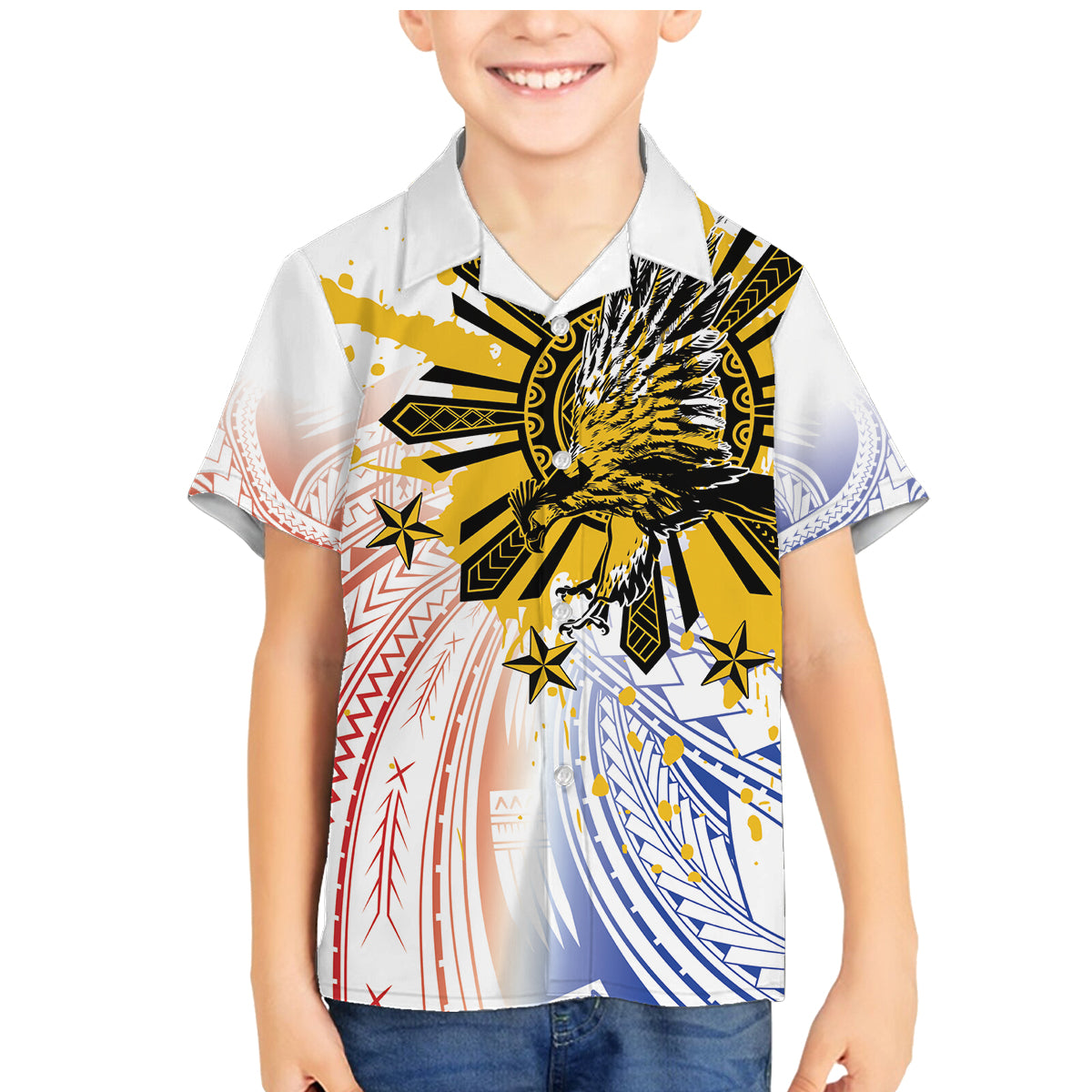 Philippines Independence Day Family Matching Mermaid Dress and Hawaiian Shirt Eagle Mix Filipino Flag Tribal Style LT7 Son's Shirt White - Polynesian Pride