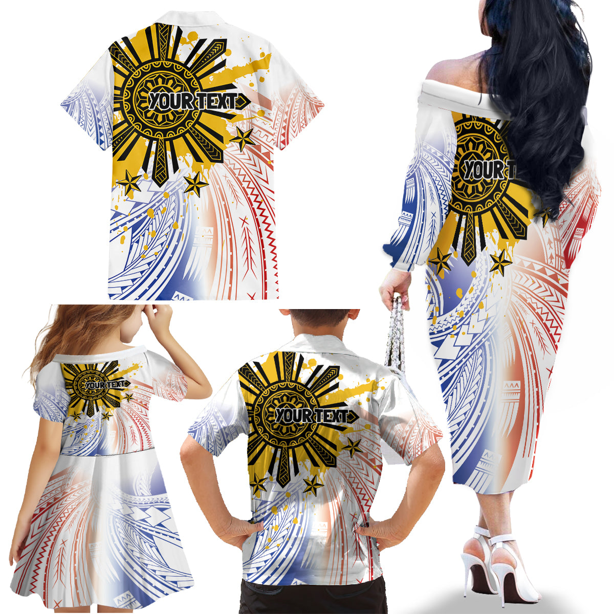 Philippines Independence Day Family Matching Off The Shoulder Long Sleeve Dress and Hawaiian Shirt Eagle Mix Filipino Flag Tribal Style LT7 - Polynesian Pride