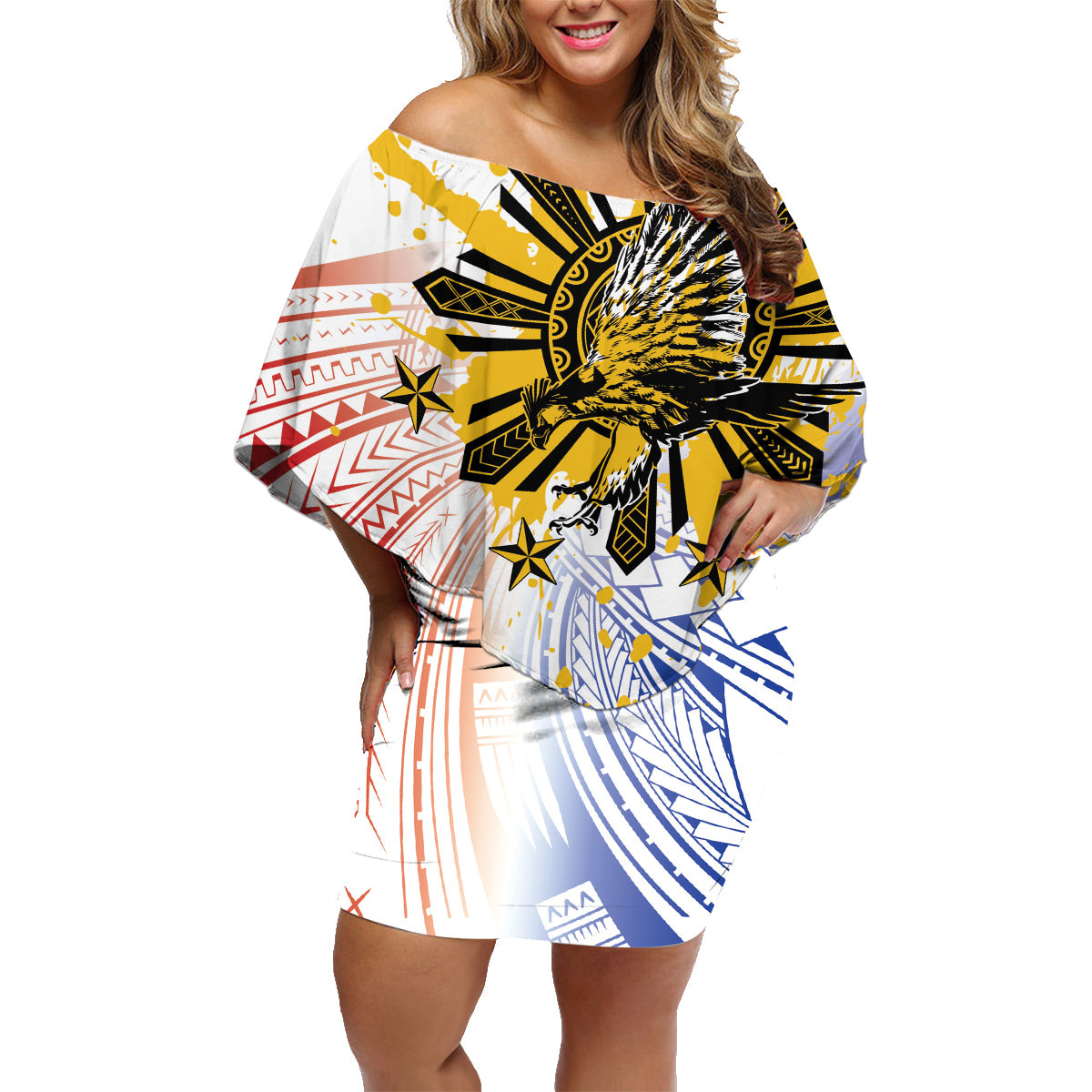 Philippines Independence Day Family Matching Off Shoulder Short Dress and Hawaiian Shirt Eagle Mix Filipino Flag Tribal Style LT7 Mom's Dress White - Polynesian Pride